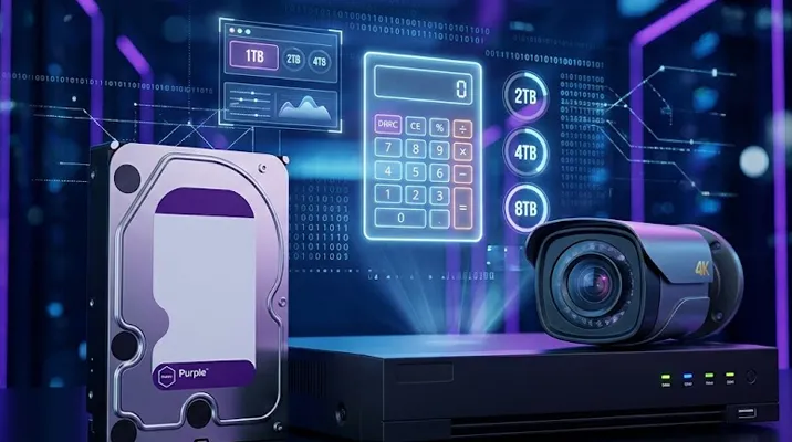 حاسبة سعة تخزين كاميرات المراقبة التفاعلية مع قرص صلب وجهاز DVR وكاميرا 4K وخلفية تكنولوجية رقمية.