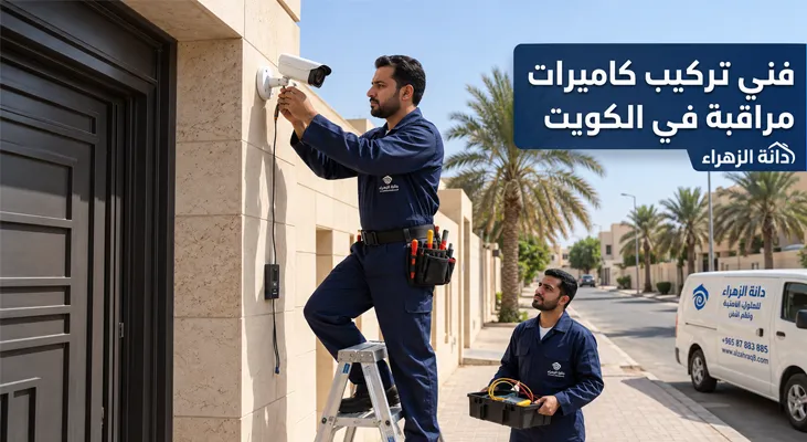 فني تركيب كاميرات مراقبة في الكويت يثبت كاميرا خارجية على واجهة منزل بمساعدة فني آخر من دانة الزهراء
